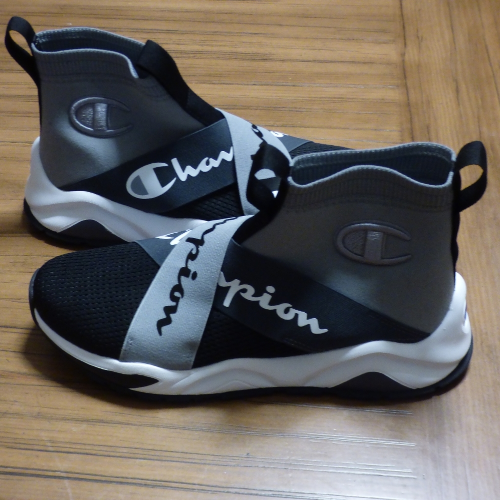 Black, gray and white Champion sneakers